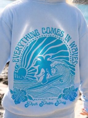 Pink Palm Puff Light Blue Teen Hoodie with Turquoise Surf Graphic
